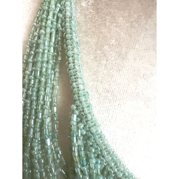 Handcrafted Mint Green Glass Beaded Bib Necklace With Multi-Strand Layered Desig - Picture 4 of 6